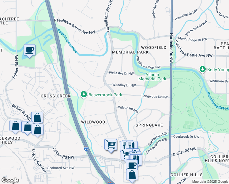 map of restaurants, bars, coffee shops, grocery stores, and more near 837 Longwood Drive Northwest in Atlanta