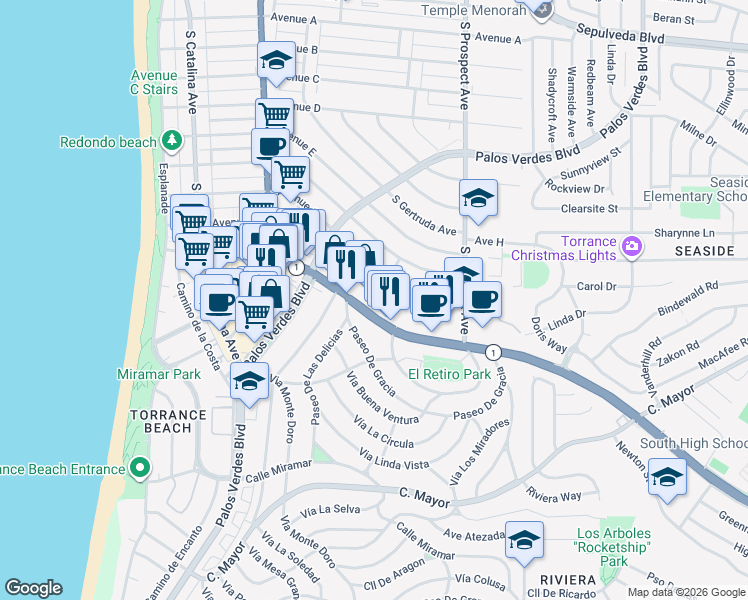 map of restaurants, bars, coffee shops, grocery stores, and more near 11050 Pacific Coast Highway in Redondo Beach