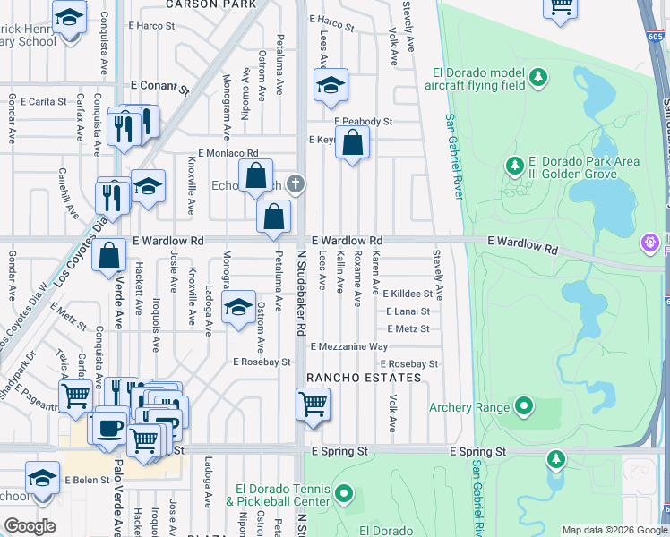 map of restaurants, bars, coffee shops, grocery stores, and more near 3350 Lees Avenue in Long Beach