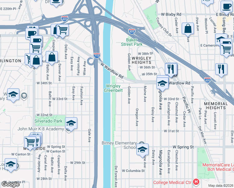 map of restaurants, bars, coffee shops, grocery stores, and more near 3334 De Forest Avenue in Long Beach