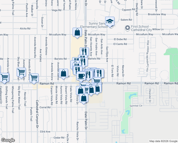 map of restaurants, bars, coffee shops, grocery stores, and more near 69020 San Susanna Avenue in Cathedral City