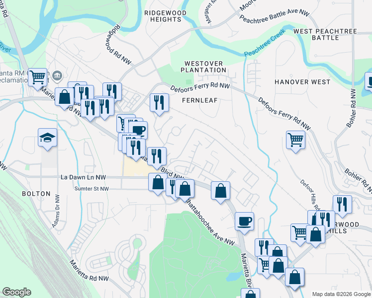map of restaurants, bars, coffee shops, grocery stores, and more near 1040 Liberty Parkway Northwest in Atlanta