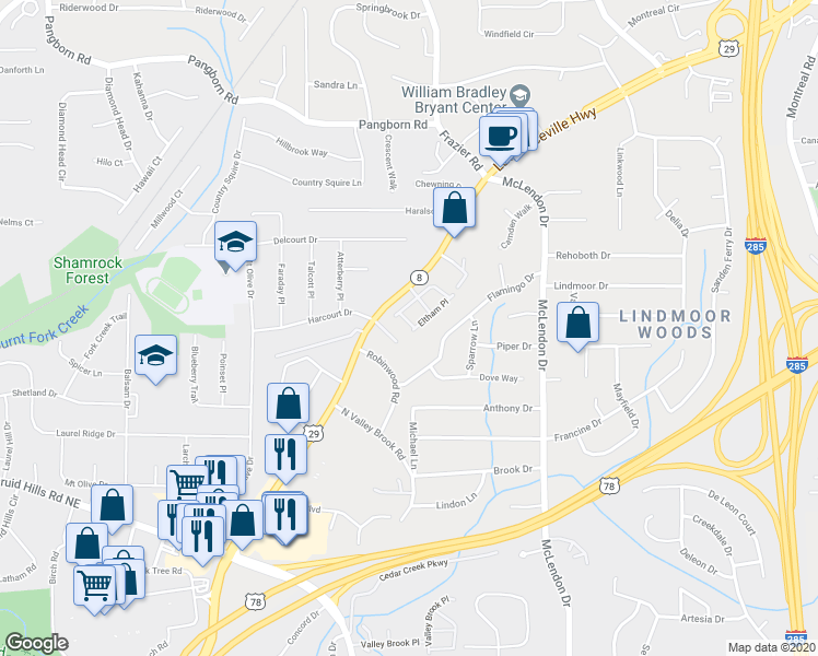 map of restaurants, bars, coffee shops, grocery stores, and more near 1290 Hopkins Drive in Decatur