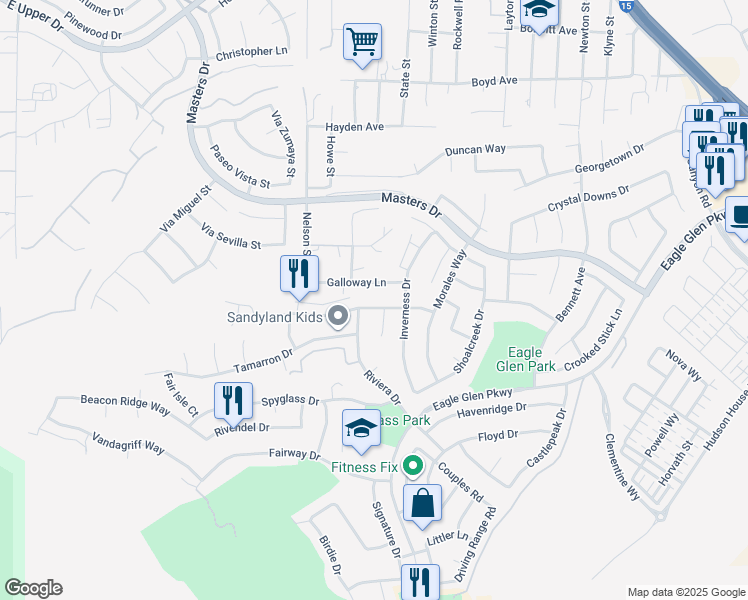 map of restaurants, bars, coffee shops, grocery stores, and more near 1775 Honors Lane in Corona