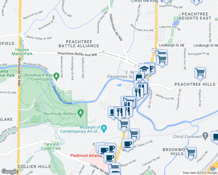 map of restaurants, bars, coffee shops, grocery stores, and more near 134 Peachtree Memorial Drive Northwest in Atlanta