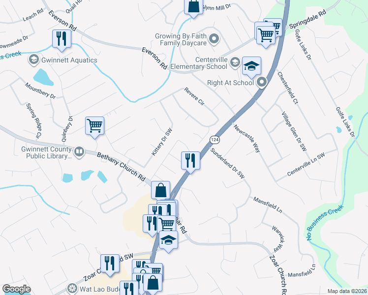 map of restaurants, bars, coffee shops, grocery stores, and more near 3662 Sunbridge Drive Southwest in Snellville