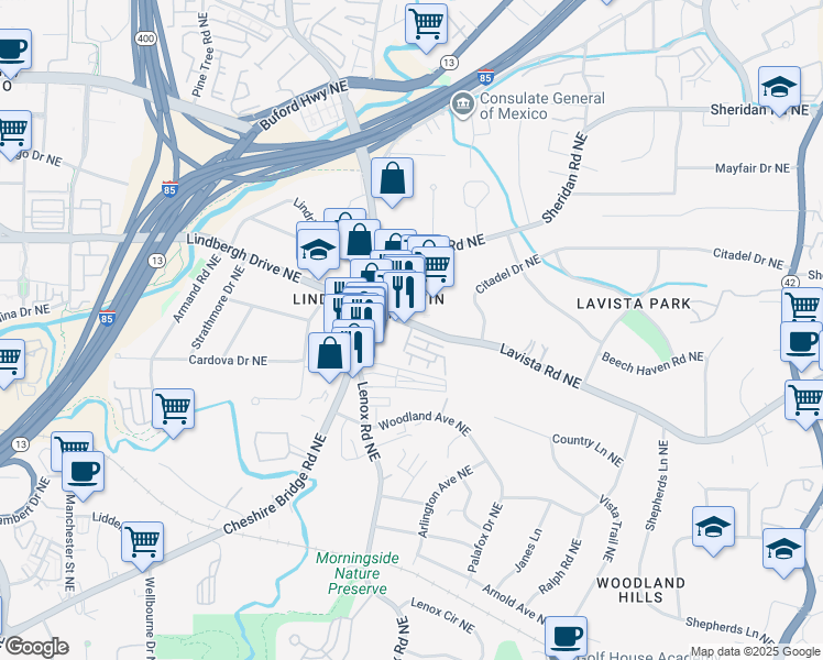 map of restaurants, bars, coffee shops, grocery stores, and more near 1155 Lavista Walk in Atlanta