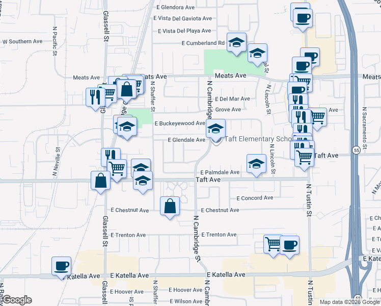 map of restaurants, bars, coffee shops, grocery stores, and more near 742 East Ferndale Avenue in Orange