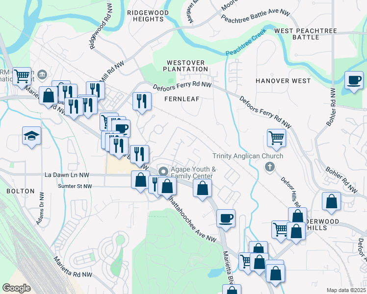 map of restaurants, bars, coffee shops, grocery stores, and more near 2095 Liberty Court Northwest in Atlanta