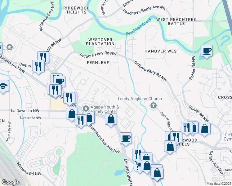 map of restaurants, bars, coffee shops, grocery stores, and more near 1437 Liberty Parkway Northwest in Atlanta