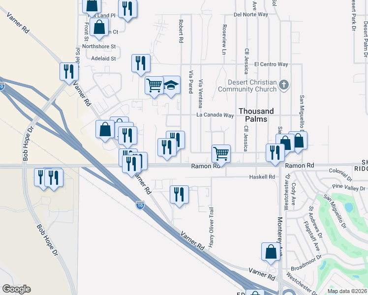 map of restaurants, bars, coffee shops, grocery stores, and more near 31816 Robert Road in Thousand Palms