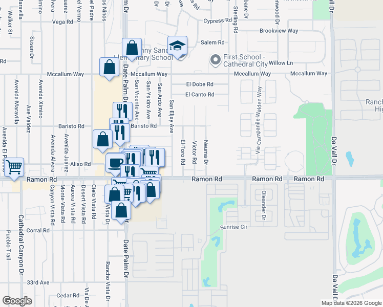 map of restaurants, bars, coffee shops, grocery stores, and more near 31795 Victor Road in Cathedral City