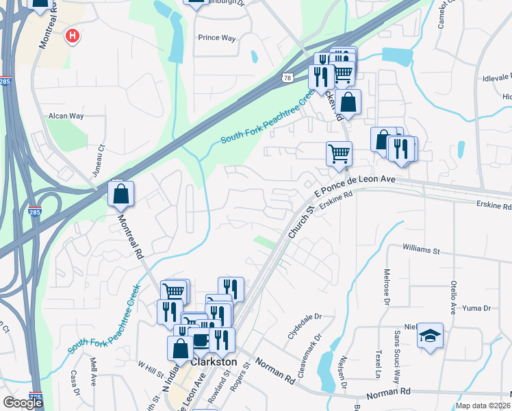 map of restaurants, bars, coffee shops, grocery stores, and more near 3708 Waterford Place in Clarkston