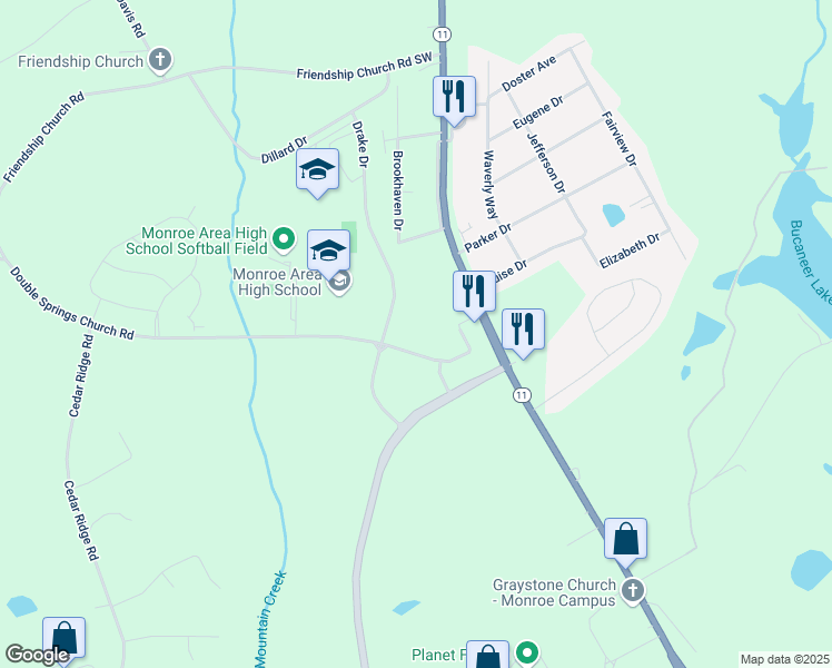 map of restaurants, bars, coffee shops, grocery stores, and more near 200 Double Springs Church Road in Monroe