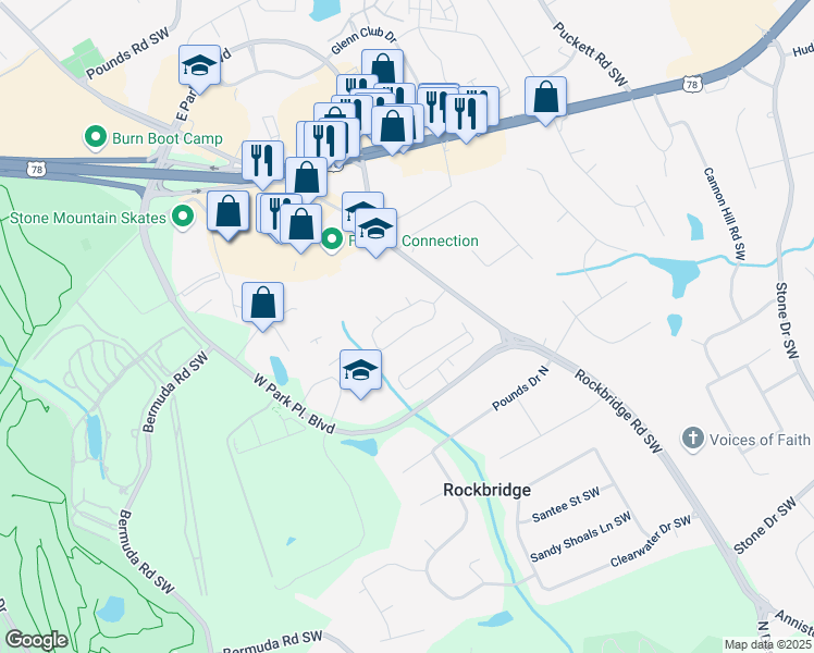 map of restaurants, bars, coffee shops, grocery stores, and more near Unnamed Road in Stone Mountain