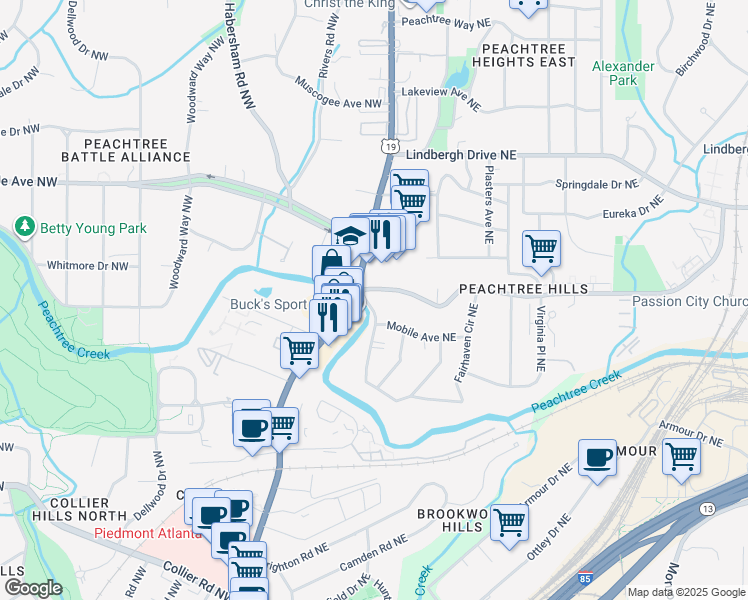 map of restaurants, bars, coffee shops, grocery stores, and more near 11 Peachtree Hills Avenue Northeast in Atlanta