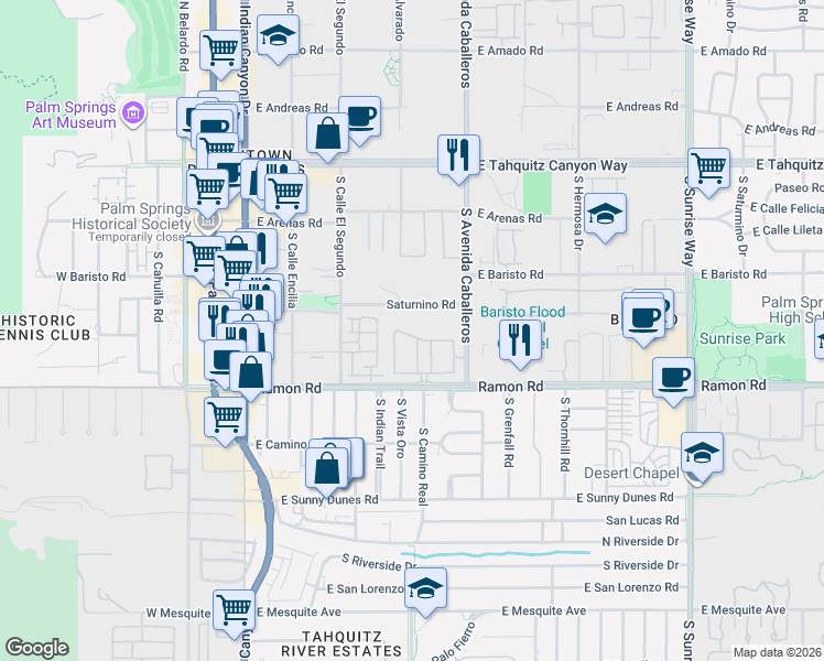 map of restaurants, bars, coffee shops, grocery stores, and more near 882 Village Square North in Palm Springs