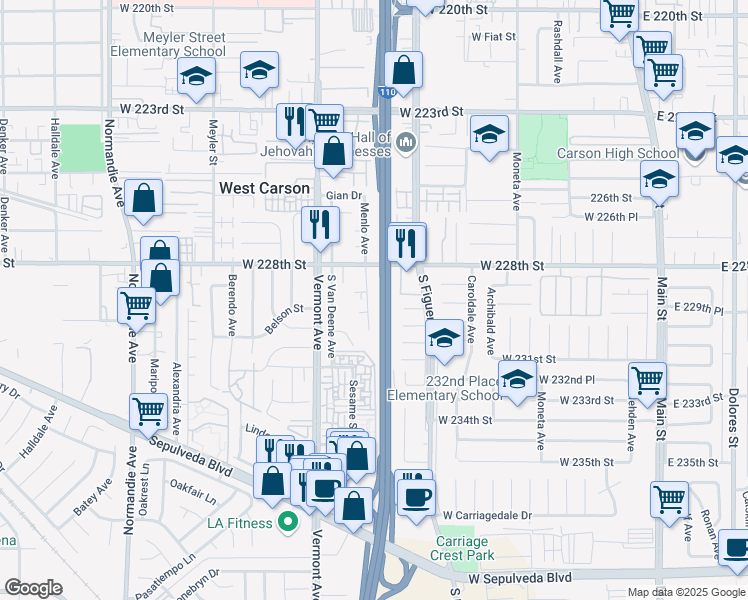 map of restaurants, bars, coffee shops, grocery stores, and more near 22908 Menlo Avenue in Torrance