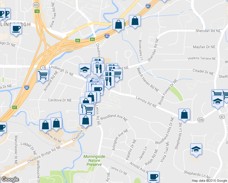 map of restaurants, bars, coffee shops, grocery stores, and more near 1197 Lavista Road Northeast in Atlanta