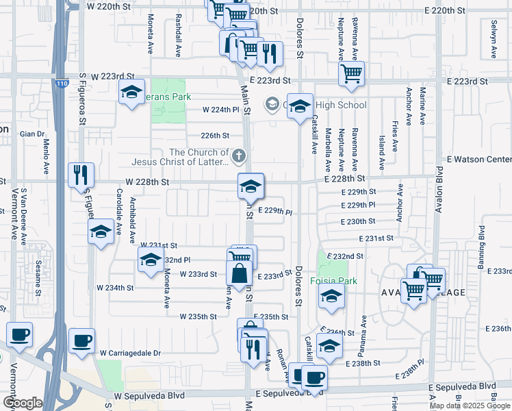 map of restaurants, bars, coffee shops, grocery stores, and more near 103 East 229th Place in Carson