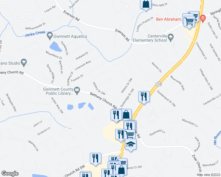 map of restaurants, bars, coffee shops, grocery stores, and more near 3801 Fryeburg Lane in Snellville