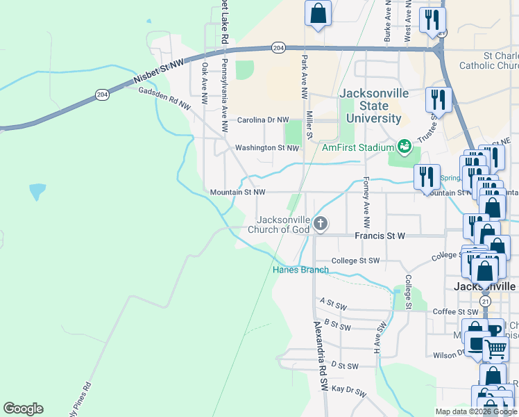 map of restaurants, bars, coffee shops, grocery stores, and more near 412 Elm Avenue Northwest in Jacksonville
