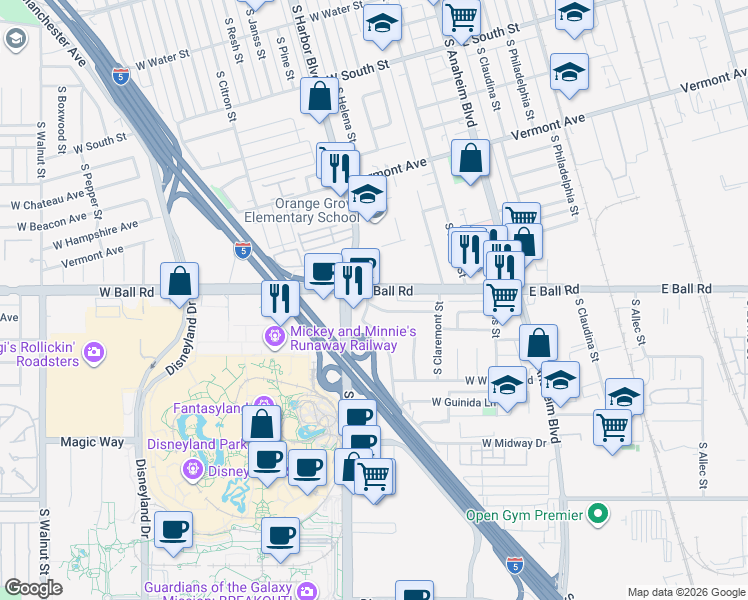 map of restaurants, bars, coffee shops, grocery stores, and more near 1208 South Palm Street in Anaheim