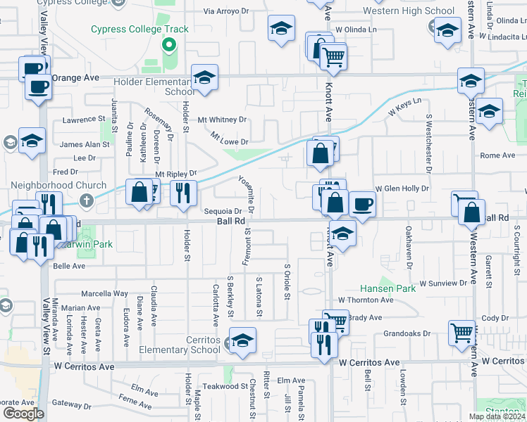 map of restaurants, bars, coffee shops, grocery stores, and more near 6741 West Ball Road in Buena Park