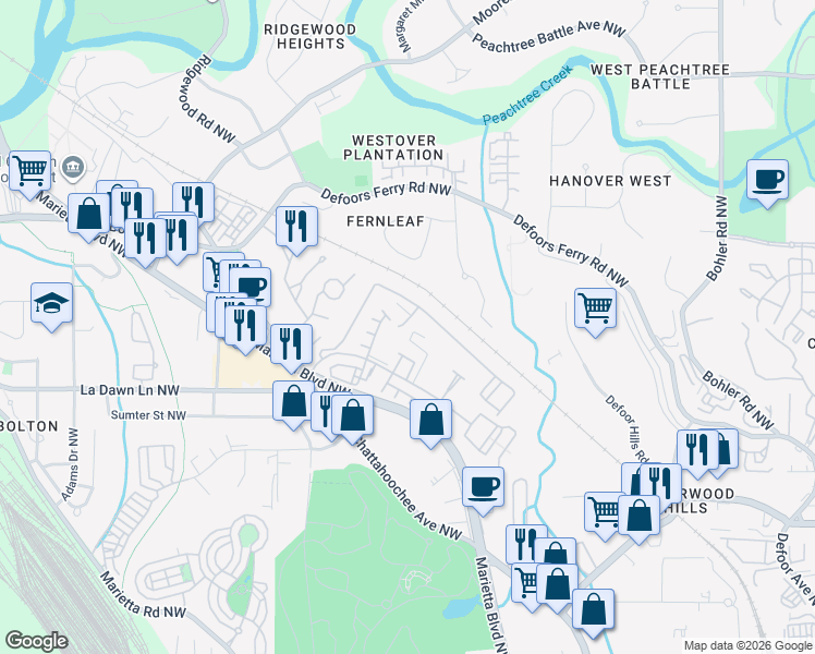 map of restaurants, bars, coffee shops, grocery stores, and more near 1397 Liberty Parkway Northwest in Atlanta