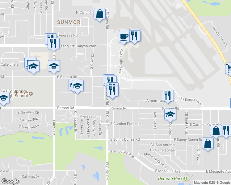 map of restaurants, bars, coffee shops, grocery stores, and more near 498 West Bradshaw Lane in Palm Springs