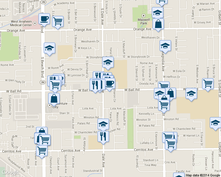 map of restaurants, bars, coffee shops, grocery stores, and more near in Anaheim