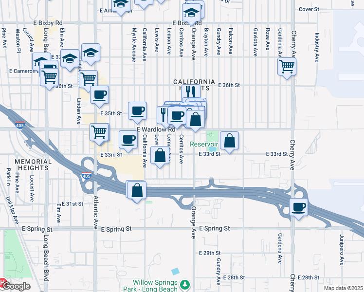 map of restaurants, bars, coffee shops, grocery stores, and more near 3309 Cerritos Avenue in Signal Hill