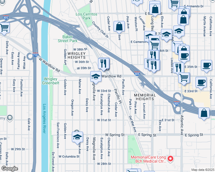 map of restaurants, bars, coffee shops, grocery stores, and more near 333 West 33rd Street in Long Beach