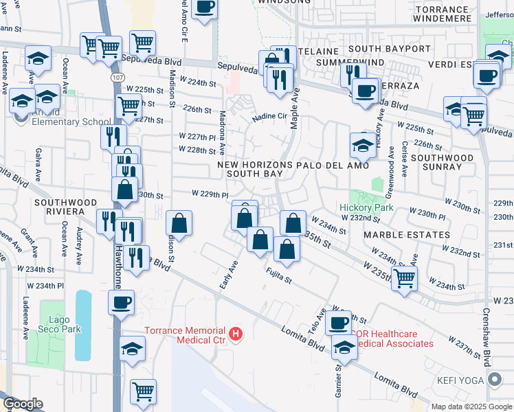 map of restaurants, bars, coffee shops, grocery stores, and more near 22969 Nadine Circle in Torrance