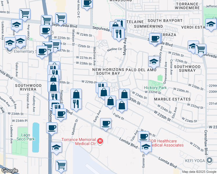 map of restaurants, bars, coffee shops, grocery stores, and more near 22969 Nadine Circle in Torrance