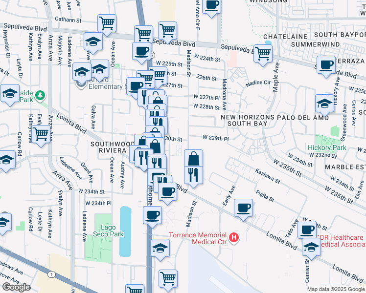 map of restaurants, bars, coffee shops, grocery stores, and more near 23025 Madison Street in Torrance