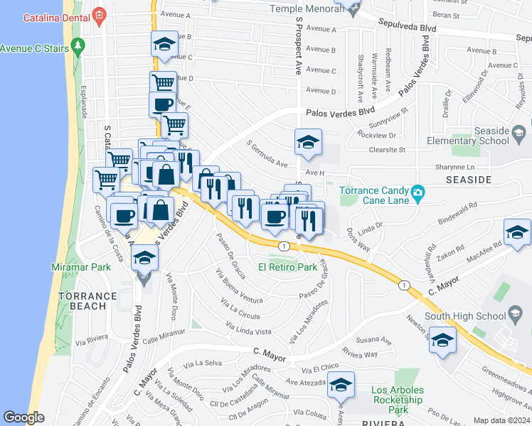 map of restaurants, bars, coffee shops, grocery stores, and more near 512 Avenue G in Redondo Beach