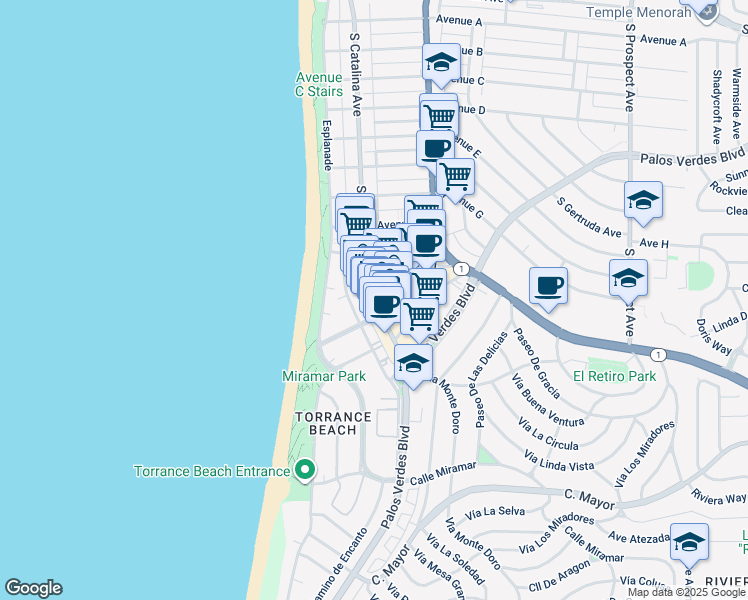 map of restaurants, bars, coffee shops, grocery stores, and more near 1728 South Catalina Avenue in Redondo Beach