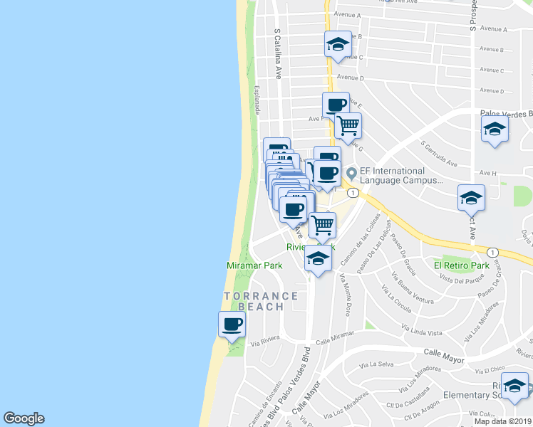 map of restaurants, bars, coffee shops, grocery stores, and more near 1721 Camino de la Costa in Redondo Beach