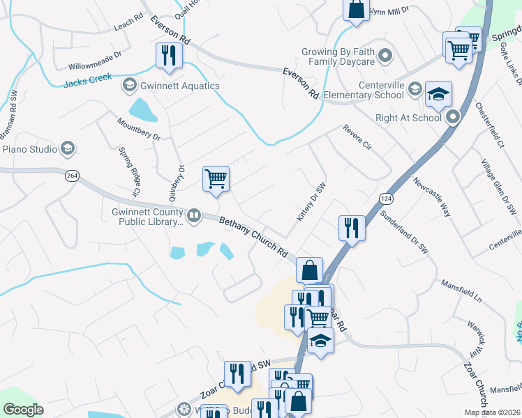 map of restaurants, bars, coffee shops, grocery stores, and more near 3845 Fryeburg Lane in Snellville
