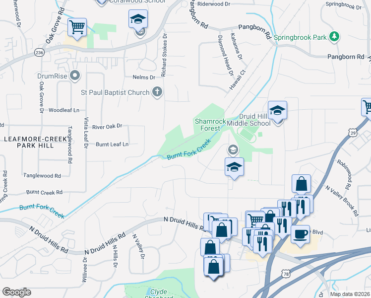 map of restaurants, bars, coffee shops, grocery stores, and more near 2566 Laurel Ridge Drive in Decatur
