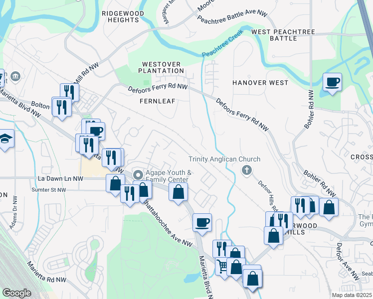 map of restaurants, bars, coffee shops, grocery stores, and more near 1437 Liberty Parkway Northwest in Atlanta