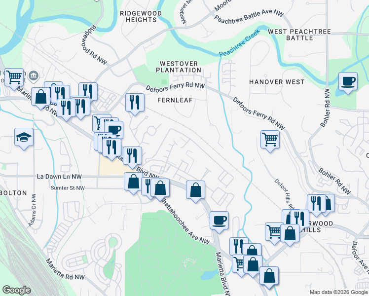 map of restaurants, bars, coffee shops, grocery stores, and more near 1397 Liberty Parkway Northwest in Atlanta