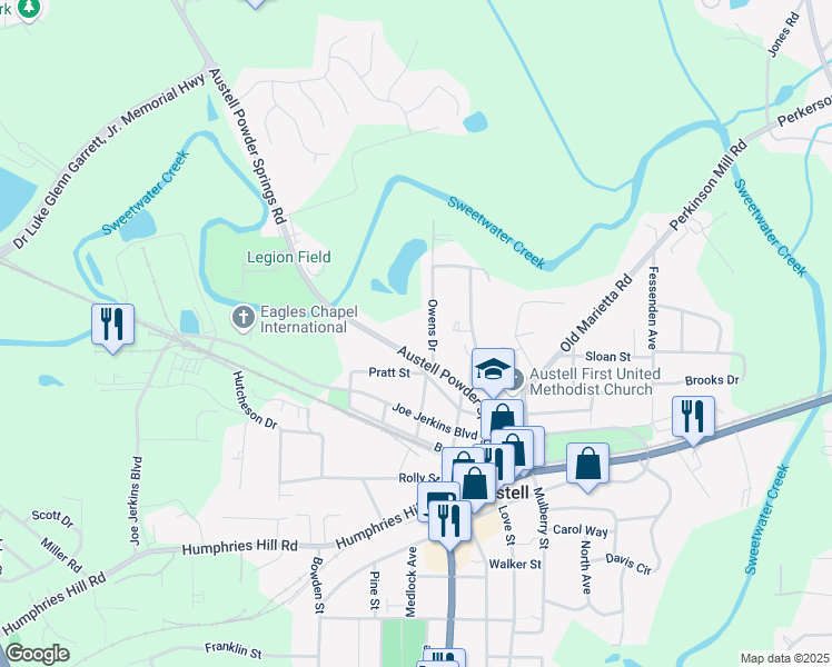 map of restaurants, bars, coffee shops, grocery stores, and more near 5665 Austell Powder Springs Road Southwest in Austell