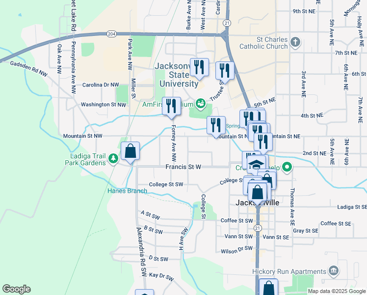 map of restaurants, bars, coffee shops, grocery stores, and more near 413 Forney Avenue Northwest in Jacksonville