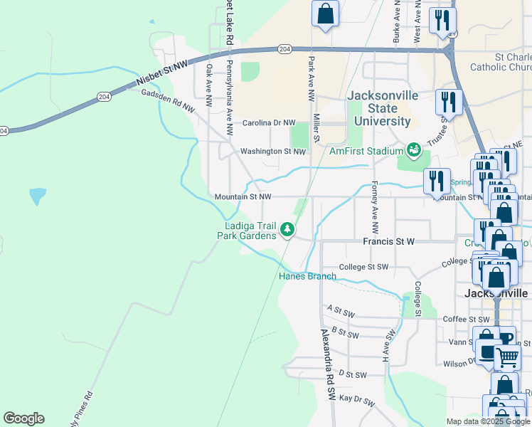 map of restaurants, bars, coffee shops, grocery stores, and more near 413 Elm Avenue Northwest in Jacksonville