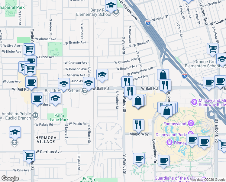 map of restaurants, bars, coffee shops, grocery stores, and more near 1312 West Ball Road in Anaheim