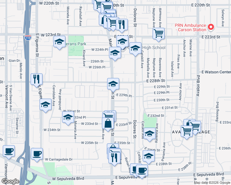 map of restaurants, bars, coffee shops, grocery stores, and more near 21217 Main Street in Carson