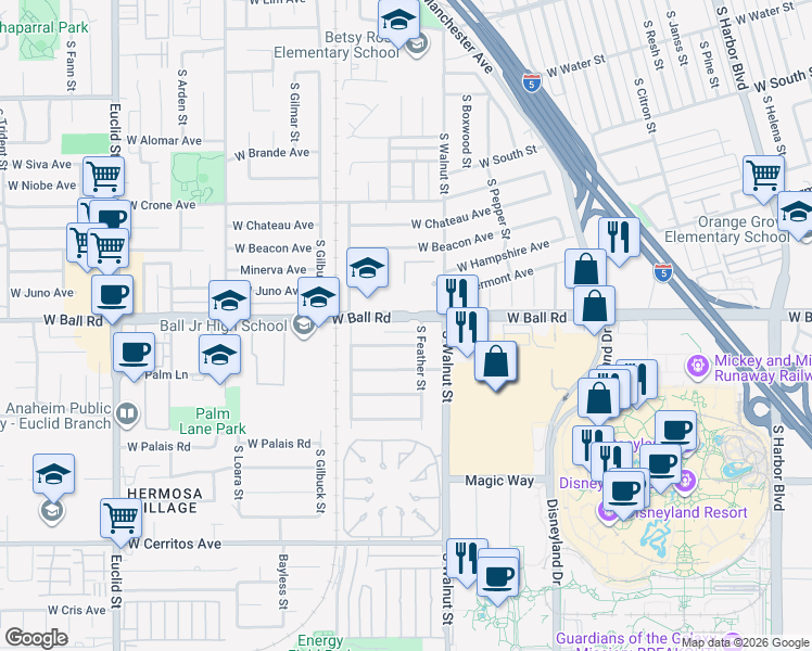map of restaurants, bars, coffee shops, grocery stores, and more near 1312 West Ball Road in Anaheim