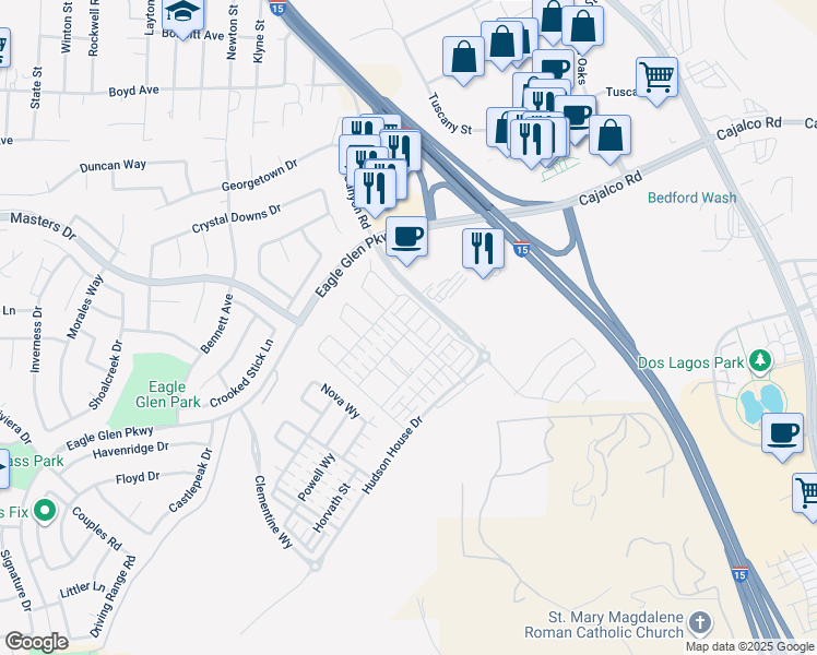 map of restaurants, bars, coffee shops, grocery stores, and more near Lavine Way in Corona
